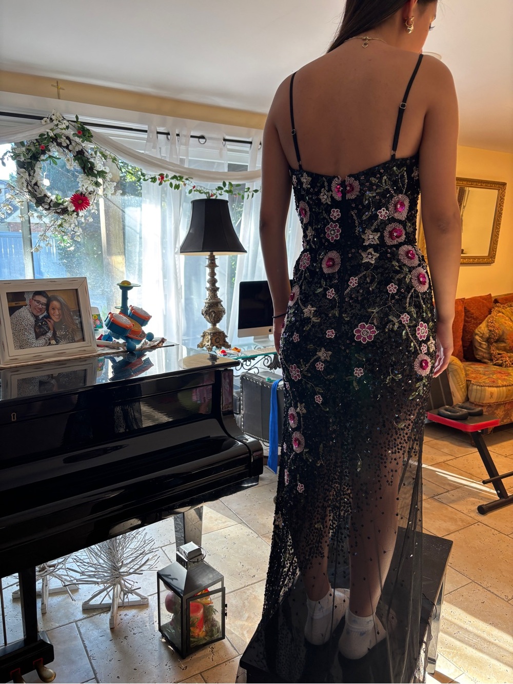 Black Beaded Evening Gown with Pink Floral Embroidery - Picture 2 of 9
